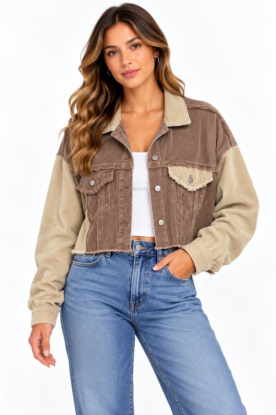 POL Cropped Corduroy Button-Up Frayed Hem Jacket Size Large
